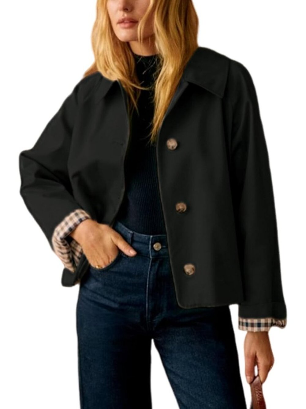 Womens Black Long Sleeve Button Down Plaid Lining Pockets Casual Cropped Jacket